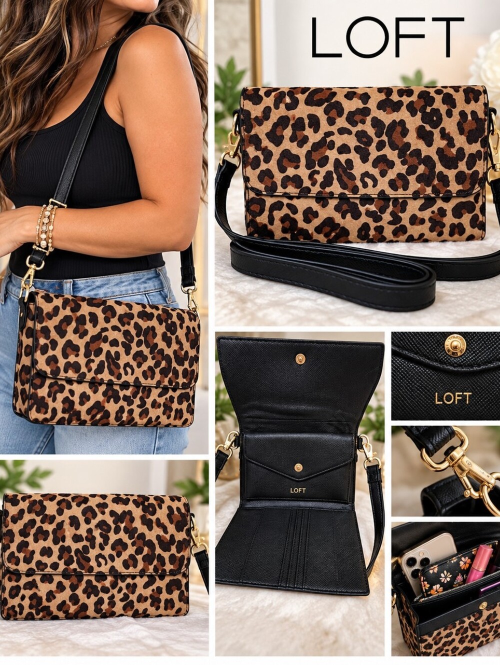 LOFT Leopard Print Crossbody Bag - Black Strap